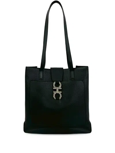 Pre-owned Ferragamo 2010-2026 Pebbled Calfskin Double Gancini Tote Bag In Black