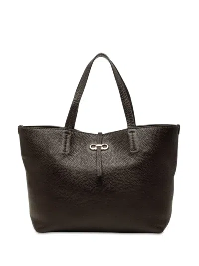 Pre-owned Ferragamo 2010-2026 Pebbled Calfskin Gancini Bice Handbag In Brown