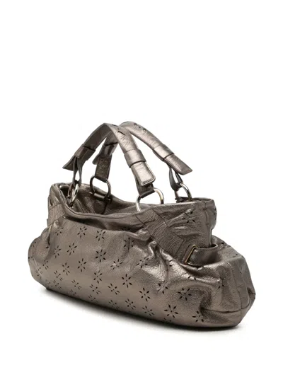 Pre-owned Ferragamo 2010-2026 Perforated Metallic Calfskin Gancini Satchel In Brown