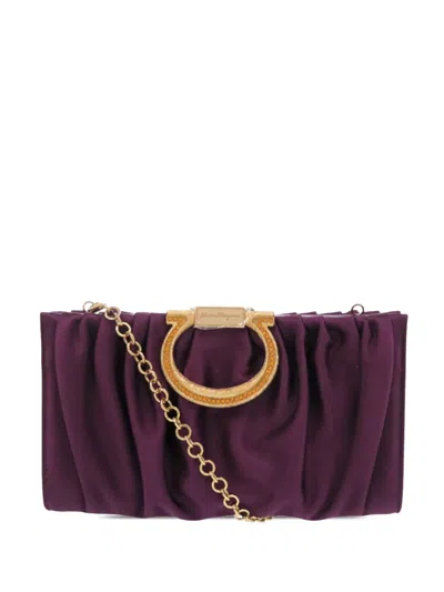 Pre-owned Ferragamo 2010-2026 Satin Gancini Clutch With Chain Shoulder Bag In Purple