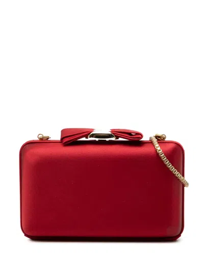 Pre-owned Ferragamo 2010-2026 Satin Vara Bow Evening Clutch On Chain Crossbody Bag In Red