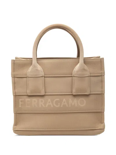 Pre-owned Ferragamo 2010-2026 Small Canvas Signature Tote Bag In Neutral