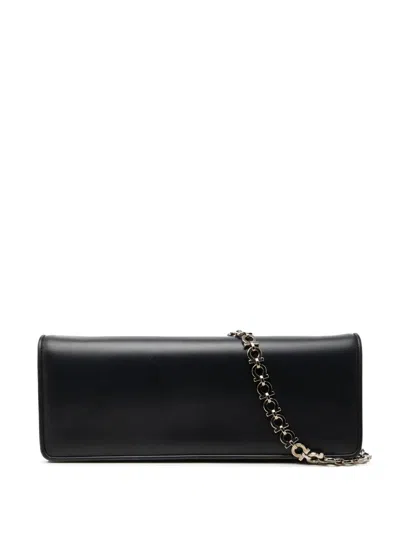 Pre-owned Ferragamo 2010-2026 Smooth Calfskin Clutch With Chain Shoulder Bag In Black