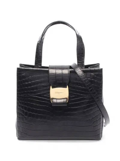 Pre-owned Ferragamo 2010s Vala Croc-embossed Handbag In Black