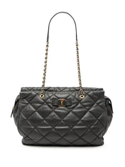Pre-owned Ferragamo 2014 Large Quilted Nappa Vara Tote Bag In Black