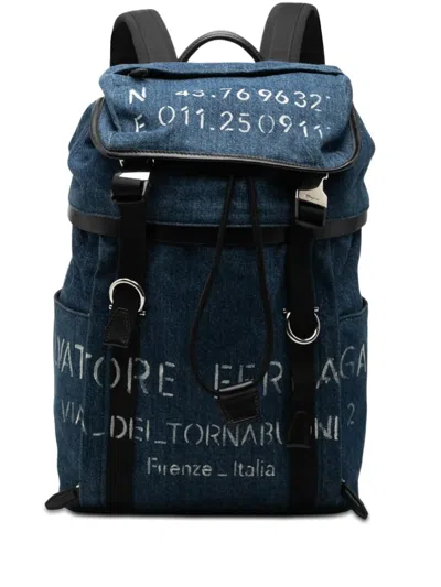 Pre-owned Ferragamo 2015 Printed Denim Backpack In Blue