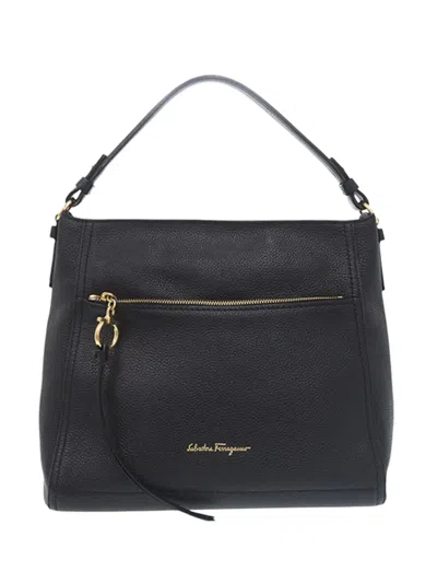 Pre-owned Ferragamo 2017-2018 Pebbled Leather Ally Hobo Satchel In Black