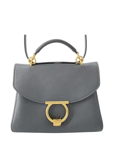 Pre-owned Ferragamo 2018-2025 Calfskin Gancini Margot Top Handle Bag Satchel In Gray