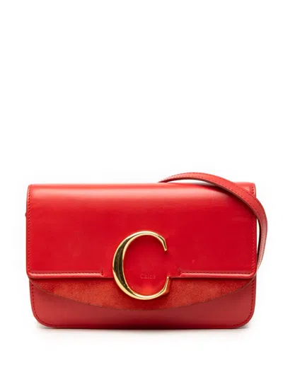 Pre-owned Ferragamo 2019 Small Calfskin And Suede C Clutch With Chain Crossbody Bag In Red