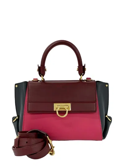 Pre-owned Ferragamo 2019 Small Tricolor Leather Gancini Sofia Satchel In Pink