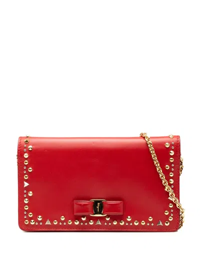 Pre-owned Ferragamo 2020-2025 Studded Leather Vara Bow Wallet On Chain Crossbody Bag In Red