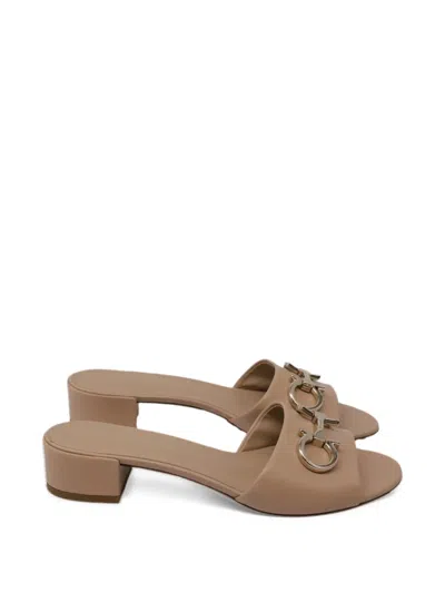 Pre-owned Ferragamo 2020s Gancini Block-heel Mules In Neutrals