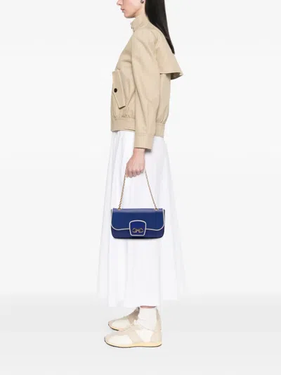 Pre-owned Ferragamo 2021-2025 Calfskin Gancini Rory Chain Shoulder Bag In Blue