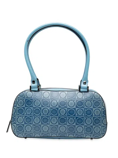 Pre-owned Ferragamo 2021 Gancini Embossed Leather Shoulder Bag In Blue