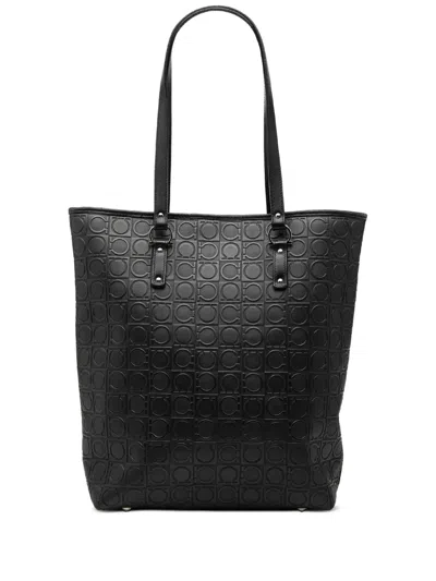 Pre-owned Ferragamo 2021 Gancini Embossed Leather Tote Bag In Black