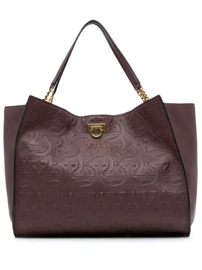 Pre-owned Ferragamo 2021 Gancini Embossed Trifolio Tote Bag In Red