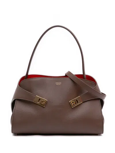 Pre-owned Ferragamo 2021-2026 Medium Bicolor Calfskin Hug Satchel In Brown