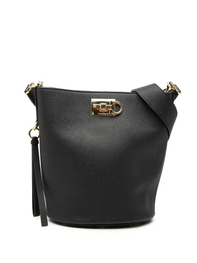 Pre-owned Ferragamo 2022-2023 Grained Calfskin Studio Bucket Bag In Black