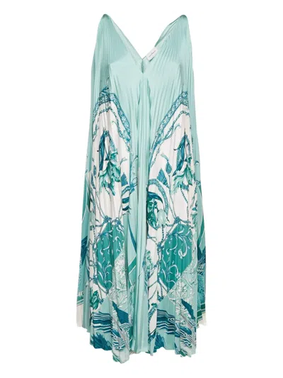 Pre-owned Ferragamo 2024 Pleated Botanical-print Midi Dress In Blue