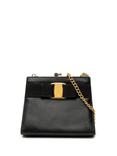 Pre-owned Ferragamo 20th Century Leather Vara Bow Kiss Lock Chain Crossbody Bag In Black