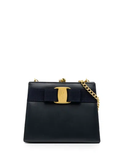 Pre-owned Ferragamo 20th Century Leather Vara Bow Kiss Lock Chain Crossbody Bag In Blue