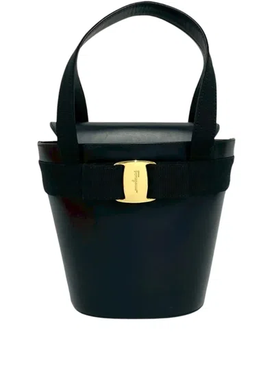 Pre-owned Ferragamo 20th Century Leather Vara Bow Top Handle Bucket Bag In Black