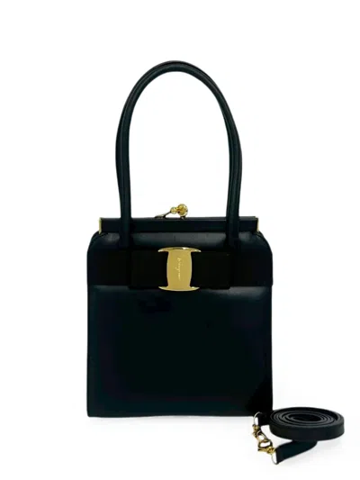 Pre-owned Ferragamo 20th Century Leather Vara Kiss Lock Satchel In Black
