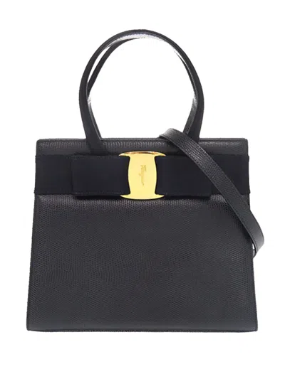 Pre-owned Ferragamo 20th Century Lizard Embossed Leather Vara Bow Satchel In Blue
