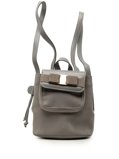 Pre-owned Ferragamo 20th Century Suede Vara Bow Flap Drawstring Backpack In Grey