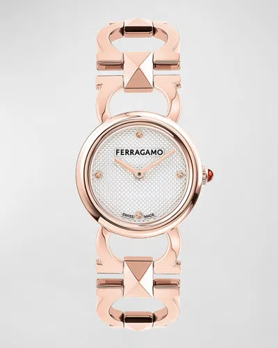 Ferragamo 25mm Double Gancini Stud Watch With Silver Dial, Rose Gold In Pink
