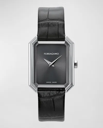 Ferragamo 26.5x33.5mm  Crystal Watch With Calf Leather Strap, Black