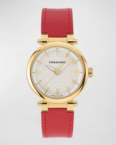 Ferragamo 30mm  Softy Watch With Calf Leather Strap, Red In Yellow Gold