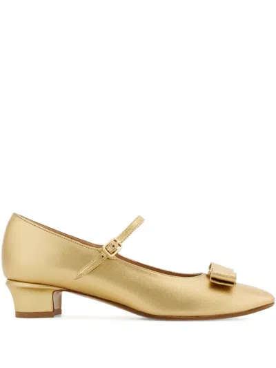 Ferragamo 30mm Mary Jane Vara Bow Pumps In Gold