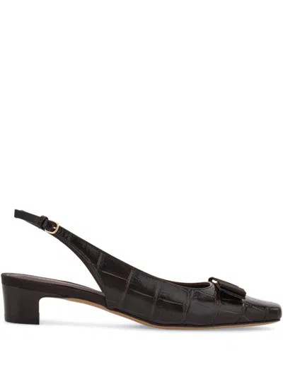 Ferragamo Rivada Bow-embellished Croc-effect Leather Sling-back Pumps In Brown