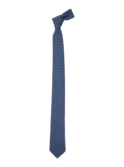 Ferragamo 4-zane7j Blue Necktie With All-over Gancini Motif In Silk Man In Marine