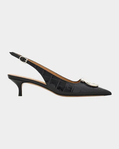 Ferragamo Sara 40 Embellished Croc-effect Leather Slingback Pumps In Black