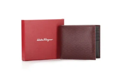 Pre-owned Ferragamo $450 In Box Salvatore  Embossed Gancini Wine Leather Bi-fold Wallet In Brown