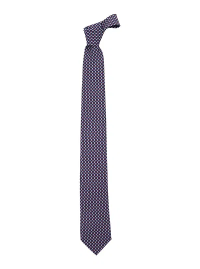 Ferragamo Men Blue Tie With Rear Tie Closure And All-over Gancini Print In Silk Man
