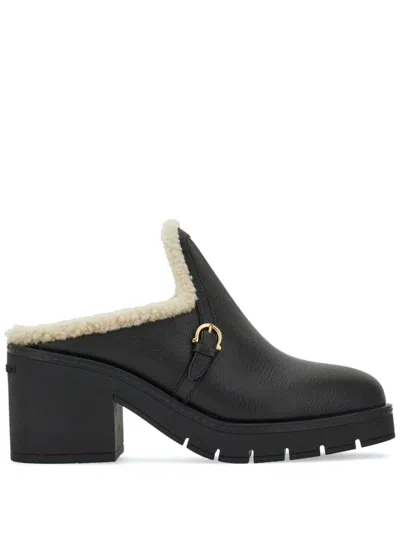 Ferragamo Lug-sole Shearling-lined Leather Mules In Black