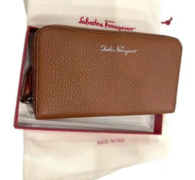 Pre-owned Ferragamo 66-0907/02 Men's Brown/blue Leather Continental Travel Wallet