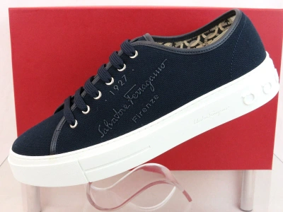 Pre-owned Ferragamo $695  Mediterr Navy Canvas Leather Trim Gancini Logo Sneakers 10 M In Blue