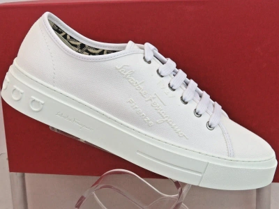 Pre-owned Ferragamo $695  Mediterr White Canvas Leather Trim Gancini Logo Sneakers 9.5 M