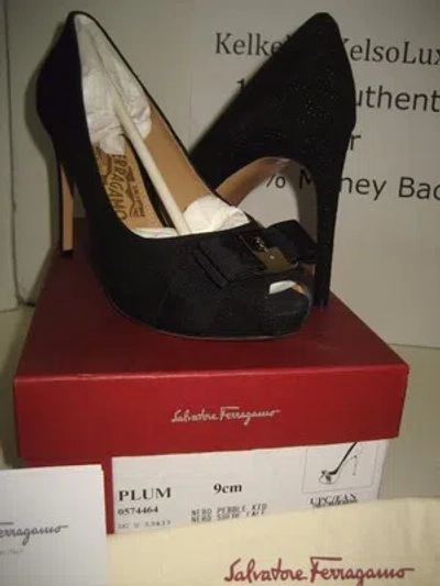 Pre-owned Ferragamo $695 Salvatore  Plum Black Suede Leather Peep Toe High Heels Shoes