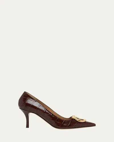 Ferragamo 70mm Lara Croc-embossed Leather Pumps In Brown