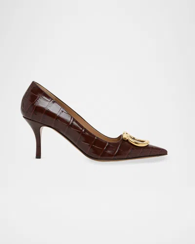 Ferragamo 70mm Lara Croc-embossed Leather Pumps In Testa Di Moro