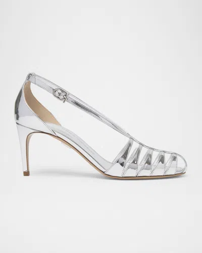 Ferragamo 70mm Lilie Metallic Patent Leather Caged Pumps