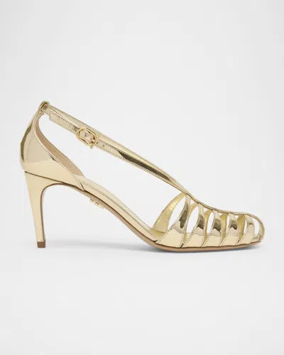 Ferragamo 70mm Lilie Metallic Patent Leather Caged Pumps In Gold