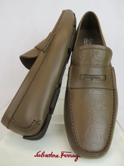 Pre-owned Ferragamo $790  Brown Leather Gancini Embossed Logo Driving Penny Loafers
