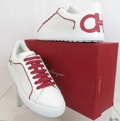 Pre-owned Ferragamo $795  Manhattan White Leather Red Gancini Logo Sneakers 11 M Italy