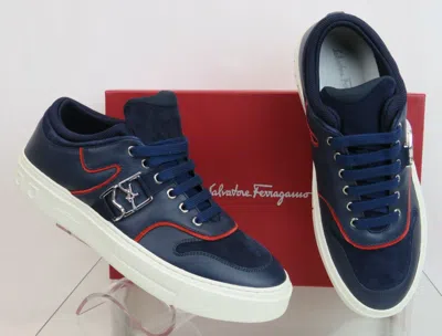 Pre-owned Ferragamo $795  Noris Navy Leather Red Suede Sf Logo White Sneakers 9.5 M Italy